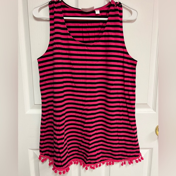Belle by Kim Gravel Striped Tunic Tank with Pom Pom Trim-Black/Hot a pink sz M - Picture 1 of 3